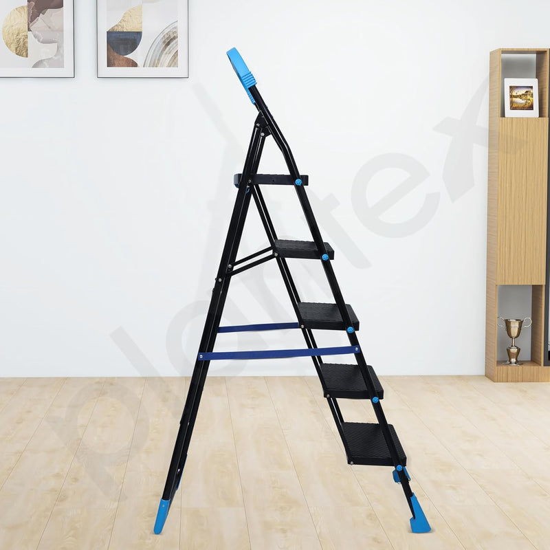 Plantex Stylo Heavy-Duty Mild-Steel Folding 5 Step Ladder for Home with Advanced Locking System/Wide Anti-Skid Step Ladder (Black & Blue)