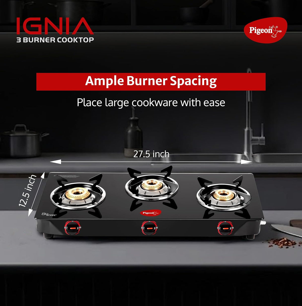 Pigeon Ignia 3 Burner Gas Stove with Open Heating Element, Black, Toughened Glass, Easy Cleaning, 2-Year Warranty