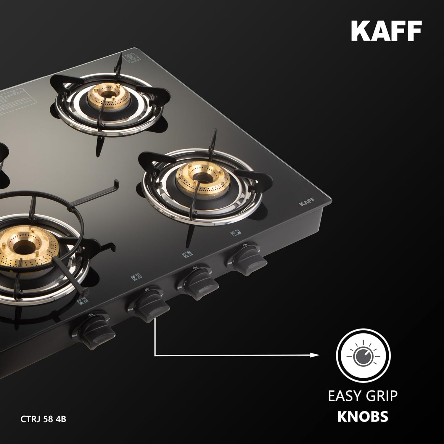 KAFF Cooktop | 4 Burners with Slim Line Design 58 CM | 1 Jumbo burner | High Efficiency Brass Burners, Black Tempered Glass | Matt Enamelled Pan Support | Black | CTRJ58-4B