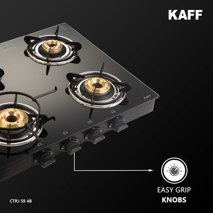 KAFF Cooktop | 4 Burners with Slim Line Design 58 CM | 1 Jumbo burner | High Efficiency Brass Burners, Black Tempered Glass | Matt Enamelled Pan Support | Black | CTRJ58-4B