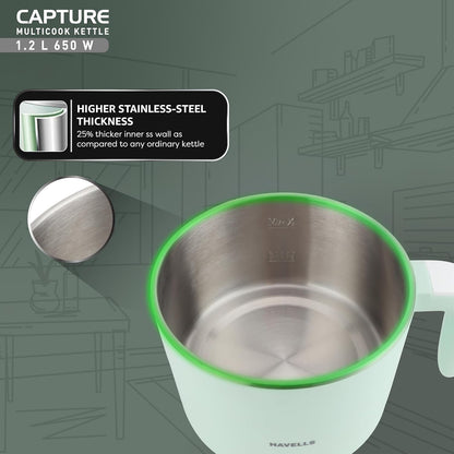 Havells Capture 1.2 L Multi-Cook Electric Kettle with Steamer | 650W |304 Stainless Steel Inner Body|Cooks Noodles, Rice, Milk | Cool-Touch Body | 2-Year Warranty (Green)