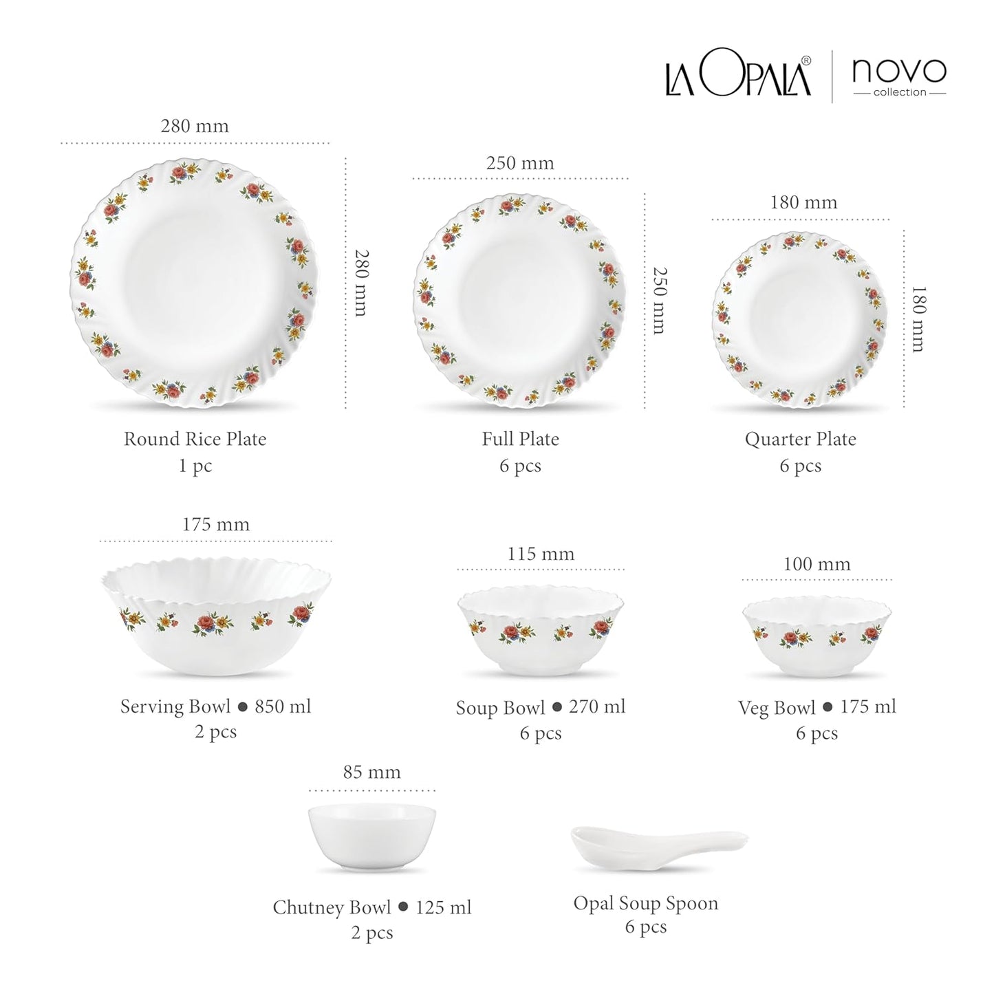 La Opala Novo Collection Opal Glass Crockery | for Family of 6 | Dinner Set 35 pcs Petite Roses | Plates & Bowls for Dining | Microwave Safe | 100% Vegetarian | Extra Strong | Light & White