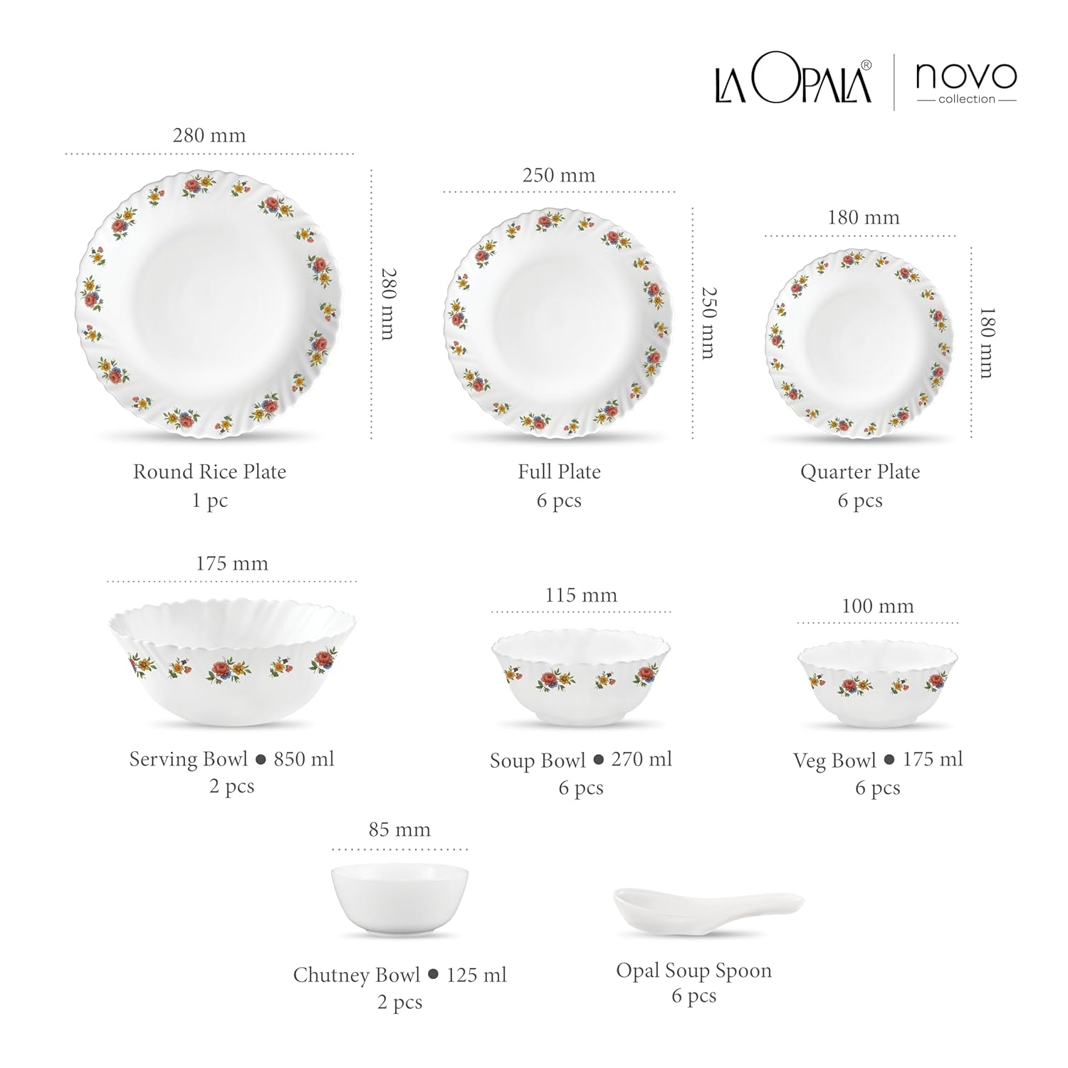 La Opala Novo Collection Opal Glass Crockery | for Family of 6 | Dinner Set 35 pcs Petite Roses | Plates & Bowls for Dining | Microwave Safe | 100% Vegetarian | Extra Strong | Light & White