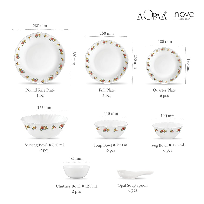 La Opala Novo Collection Opal Glass Crockery | for Family of 6 | Dinner Set 35 pcs Petite Roses | Plates & Bowls for Dining | Microwave Safe | 100% Vegetarian | Extra Strong | Light & White