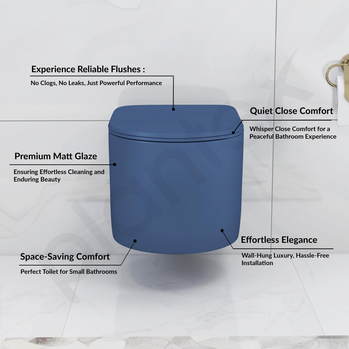 Plantex Imported Ceramic Wall Hung Commode/Rimless Washdown Western Toilet/Commode with Soft Close Toilet Seat - P Trap (Round- Dark Blue)-2