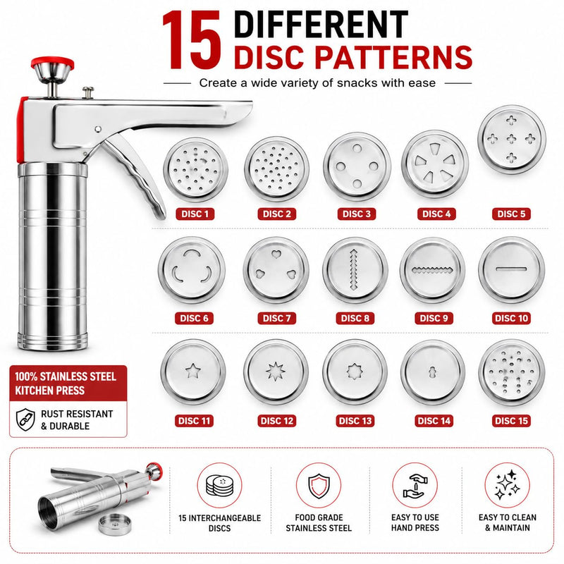 Kitchen Press Sev Sancha Machine | Murukku Maker | Chakli Maker | Idiyappam Press | Sev Bhujiya Gathiya Maker | Stainless Steel Snacks Maker for Farsan Namkeen Noodles Cookies