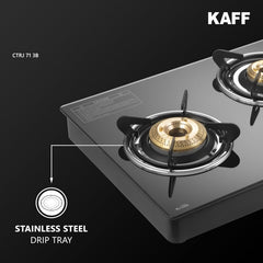 KAFF Cooktop | 3 Burners with Slim Line Design 71 CM | High Efficiency Brass Burners, Black Tempered Glass | Matt Enamelled Pan Support | Black | CTRJ71-3B