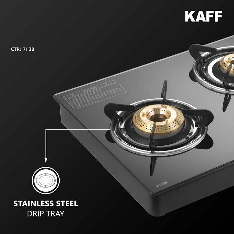 KAFF Cooktop | 3 Burners with Slim Line Design 71 CM | High Efficiency Brass Burners, Black Tempered Glass | Matt Enamelled Pan Support | Black | CTRJ71-3B