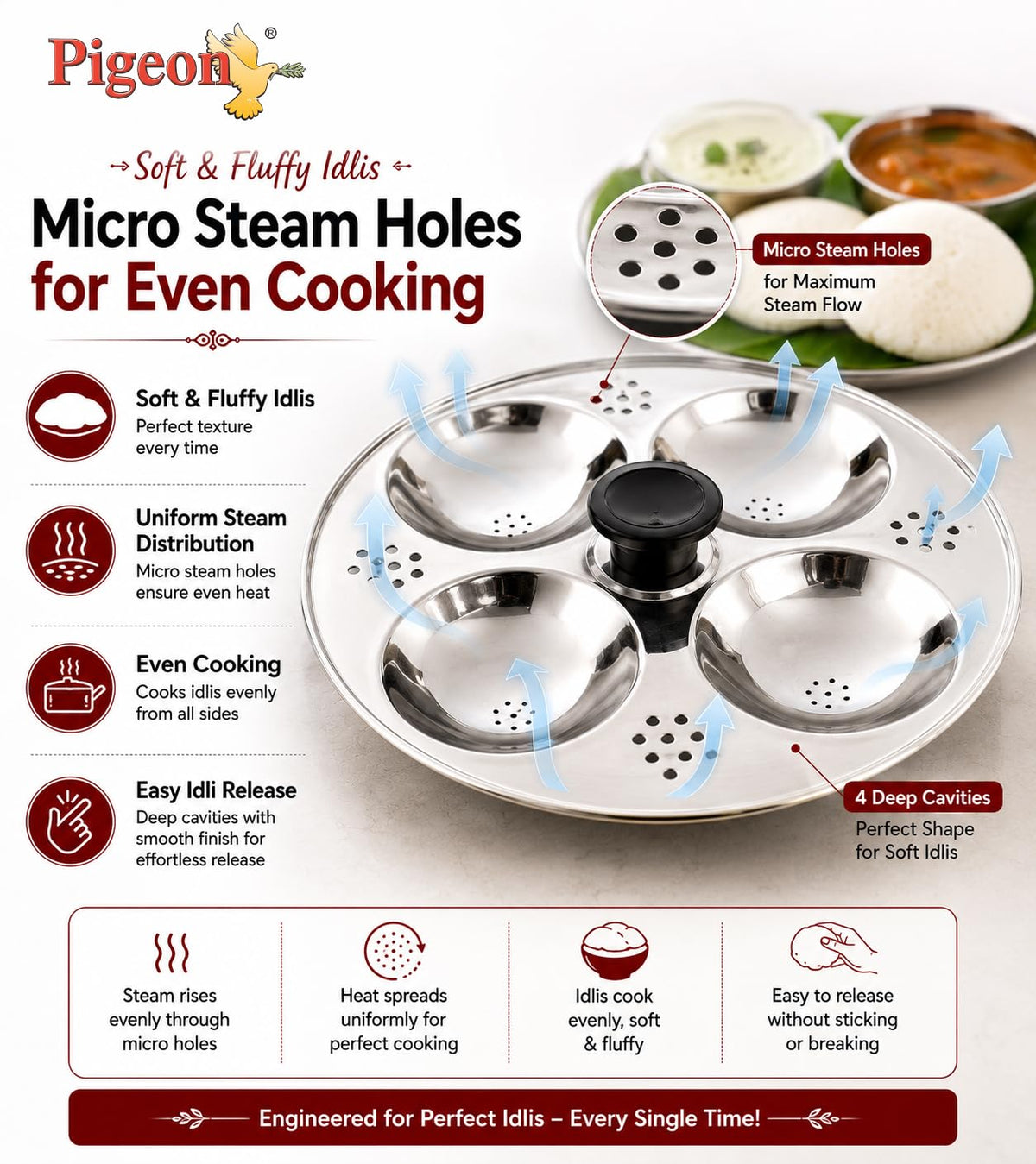 Pigeon Stainless Steel Hot 16 Idly Pot with Steamer - Silver