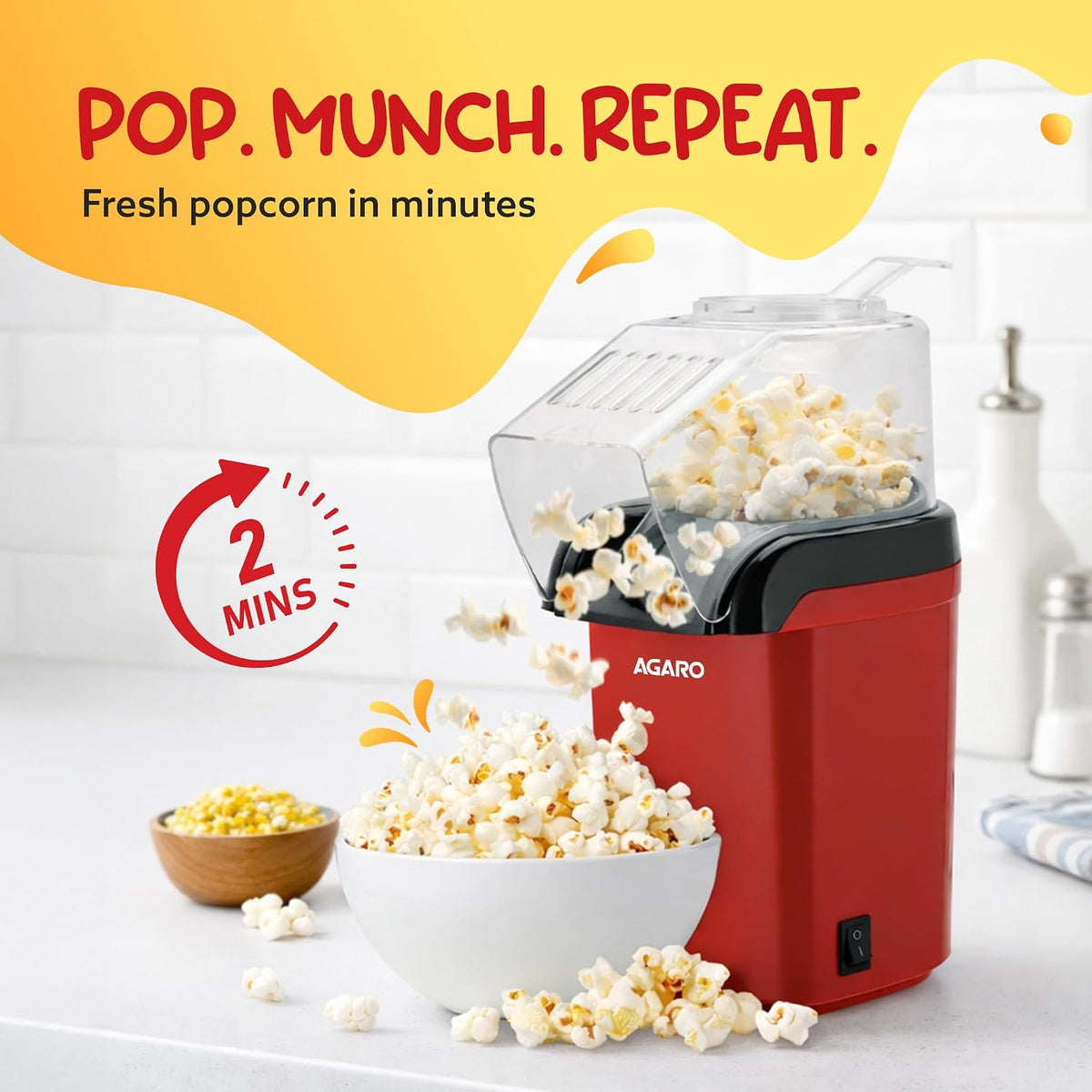 AGARO Delite Electric Popcorn Maker, 1200W Hot Air Popper, Oil-Free Healthy Snacks for Kids in 2 Minutes, 90% Popping Rate, Measuring Cup Included, Family Party, 1 Year Replaceable Warranty