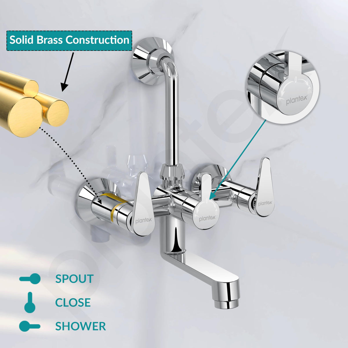 Plantex Wall Mixer for Bathroom 2 in 1 with L-Bend Connector for Overhead Shower/Tap Mixer/Water Saving Nozzle Tap - 7 Year Manufacturer's Warranty (LEA-718-Chrome)-2