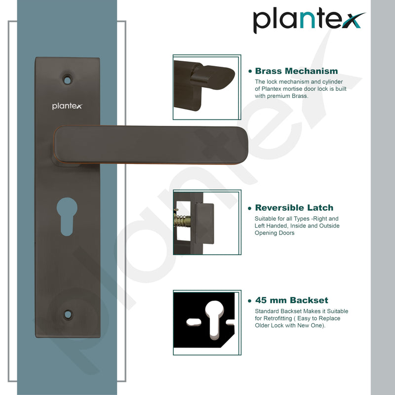 Plantex Heavy-Duty Main Door Mortise Lock Handle Set with 3 Keys, Brass Lock Body & Cylinder (8125 - Grey & PVD Choco)-6