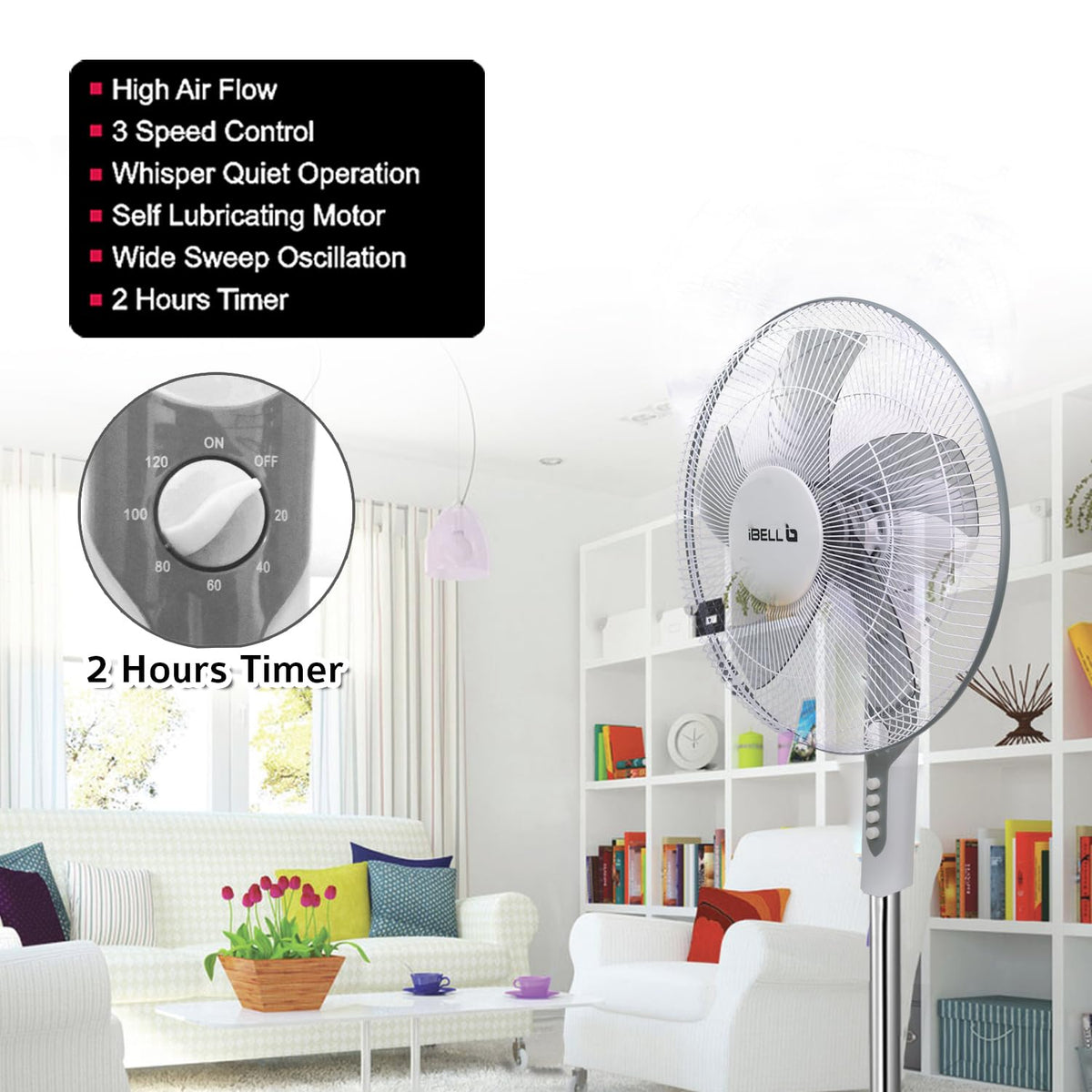 IBELL CHROME10 Pedestal Fan with Timer, 5 Leaf, 406mm, High Speed Motor-3