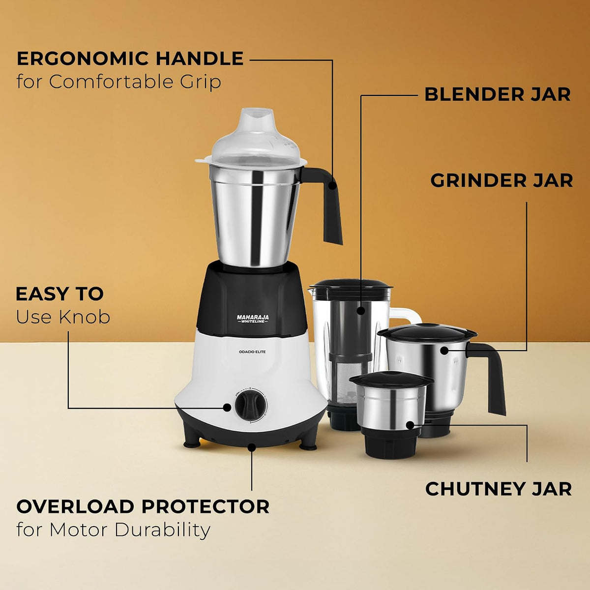 Maharaja Whiteline Odacio Elite Mixer Grinder With 4 Jars | 750 Watt | 20,000 RMP Motor | Stainless Steel Blade | 2 Years Warranty | Black & White
