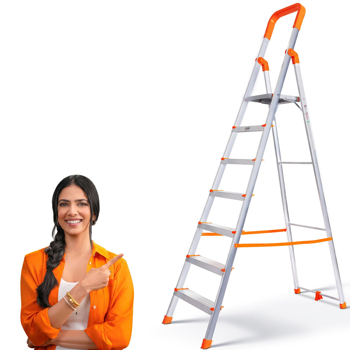 PROHOME Aluminium Ladder for Home 5 Steps Foldable with Railing & Anti-Skid Wide Steps | 5 Step Ladder for Home Use, Kitchen & Household | 250 Kg Capacity Folding Ladder | 5 Year Warranty (Orange)