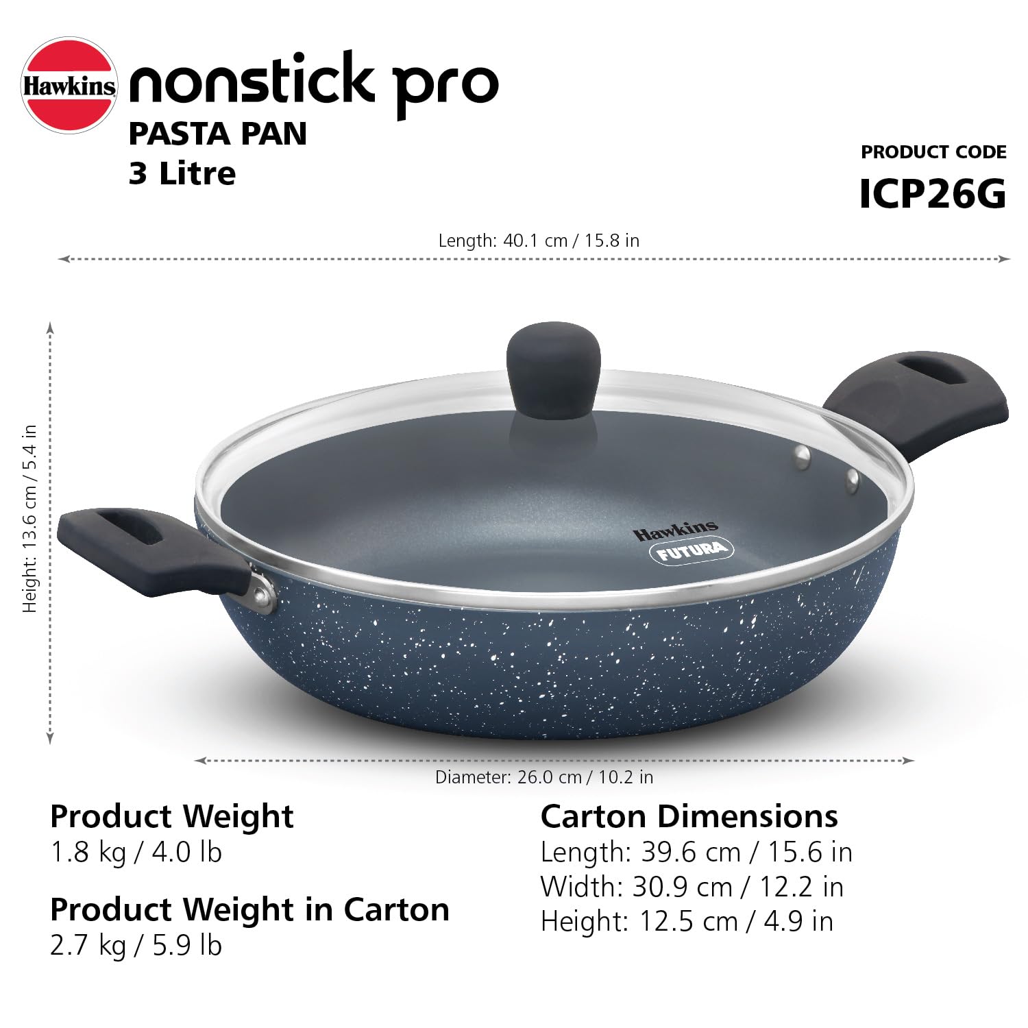 Hawkins Nonstick Induction Pasta Pan, 26 cm Diameter, Granite Fry Pan, Blue (ICP26G)