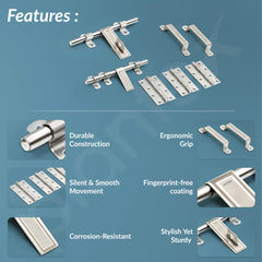 Plantex Stainless Steel Door Kit for Bathroom/Door Hardware/Accessories/3 Hinges/10 inch Al-Drop/8 inch Latch/8 inch 2 Handles - Pack of 1 (APS-1320, Chrome)-4