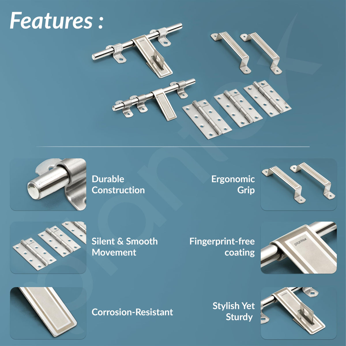 Plantex Stainless Steel Door Kit for Bathroom/Door Hardware/Accessories/3 Hinges/10 inch Al-Drop/8 inch Latch/8 inch 2 Handles - Pack of 1 (APS-1320, Chrome)-4