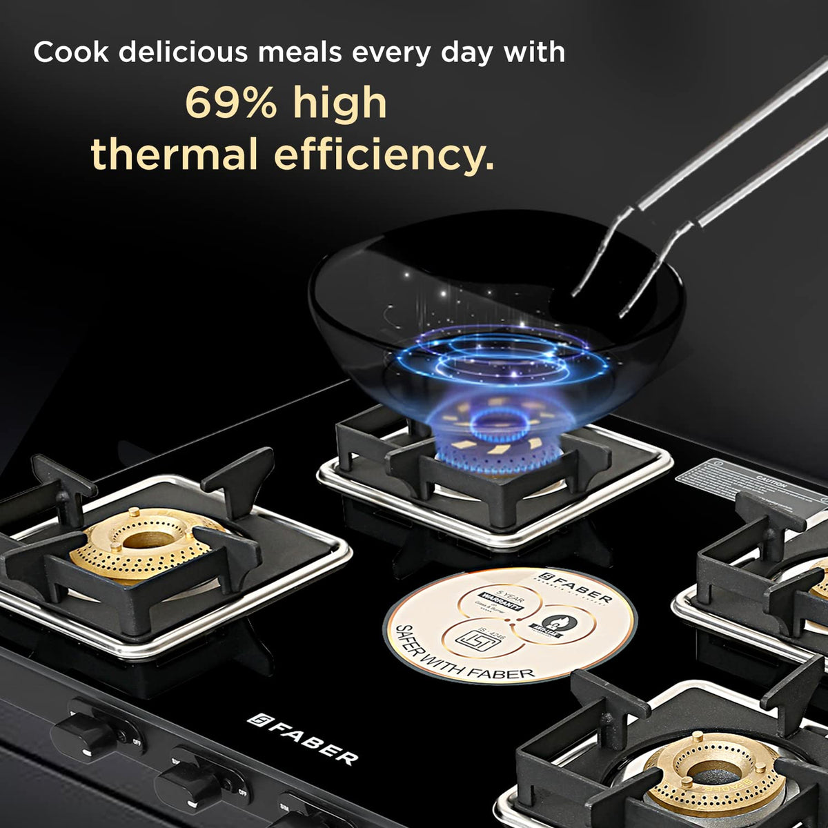 Faber Remo 4 Burner Gas Stove | 1 Jumbo + 1 Medium + 2 Small Brass Burners | Diamond Coated Pan Support | SS Drip Tray |