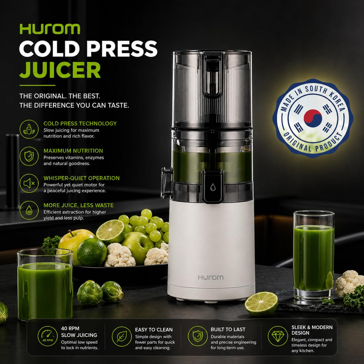 Hurom E30ST Cold Press Juice for Home, Advanced Cold Press Technology for 20% More Juice, All-in-1 Juicer for Fruits, Vegetables & Nut Milk, World's No. 1 Slow Juicer Brand since 1974, 12 Yrs Warranty
