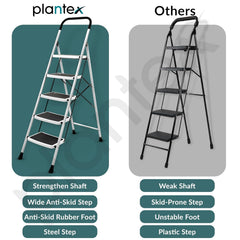 Plantex 5 Step Foldable Ladder for Home Use/Steel Ladder with Anti-Slip Shoes/Step Ladder with Double-Grip Technology(White & Black)
