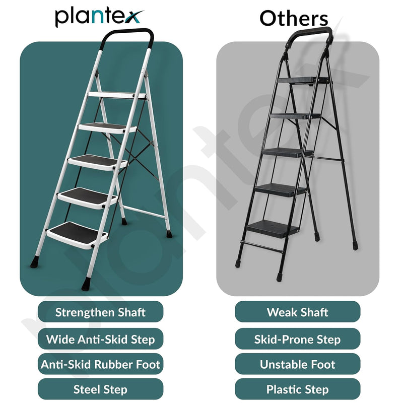 Plantex 5 Step Foldable Ladder for Home Use/Steel Ladder with Anti-Slip Shoes/Step Ladder with Double-Grip Technology(White & Black)