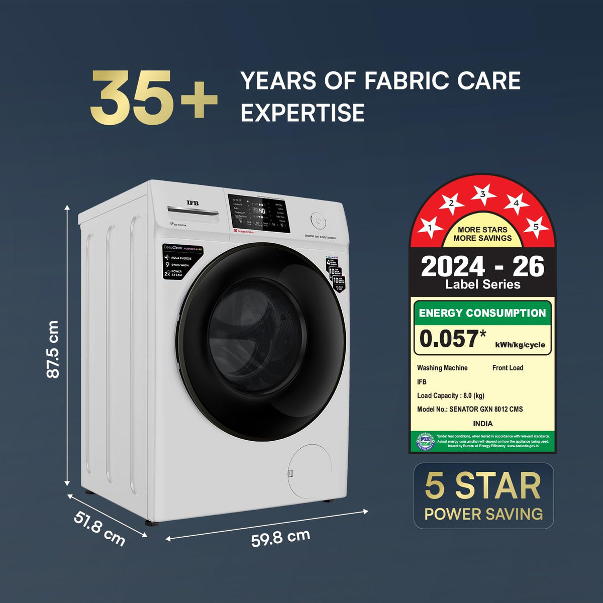 IFB 8 Kg 5 Star, 9 Swirl Wash, Steam Refresh, Eco Inverter Motor, WiFi Enabled, DeepClean® Ai Powered Fully Automatic Fr