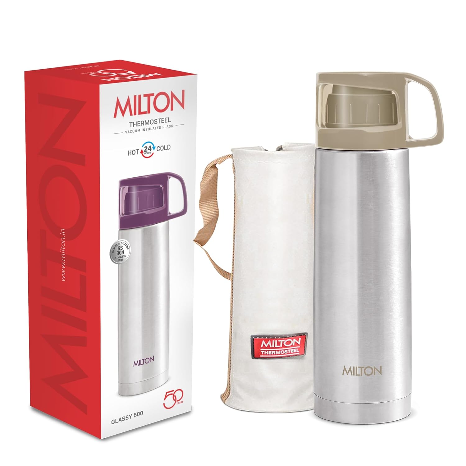 Milton Glassy 500 Thermosteel Vacuum Insulated Double Walled Flask with Drinking Cup lid & Jacket, 500 ml Water Bottles, 24 Hours Hot & Cold, Easy to Carry,Rust Proof, Tea, Coffee, Travel Bottle, Grey