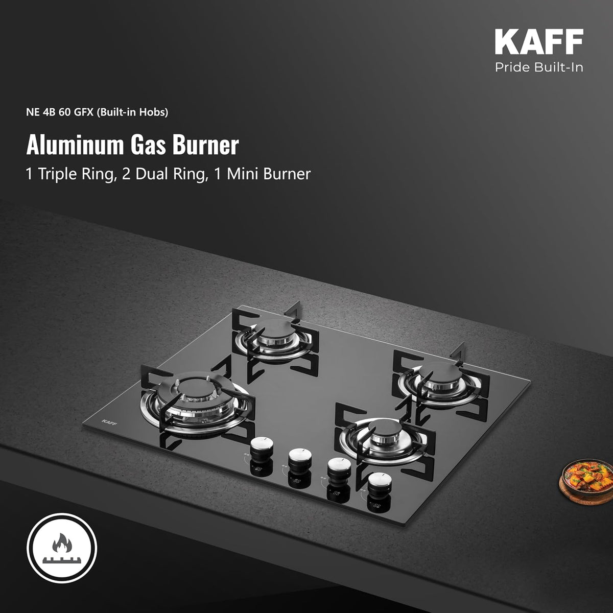 Kaff 60cm Built-in Hob 4 Burner | Auto Electric Ignition Gas Hob | Italian Burners | 8mm Toughened Glass Top | Easy Grip