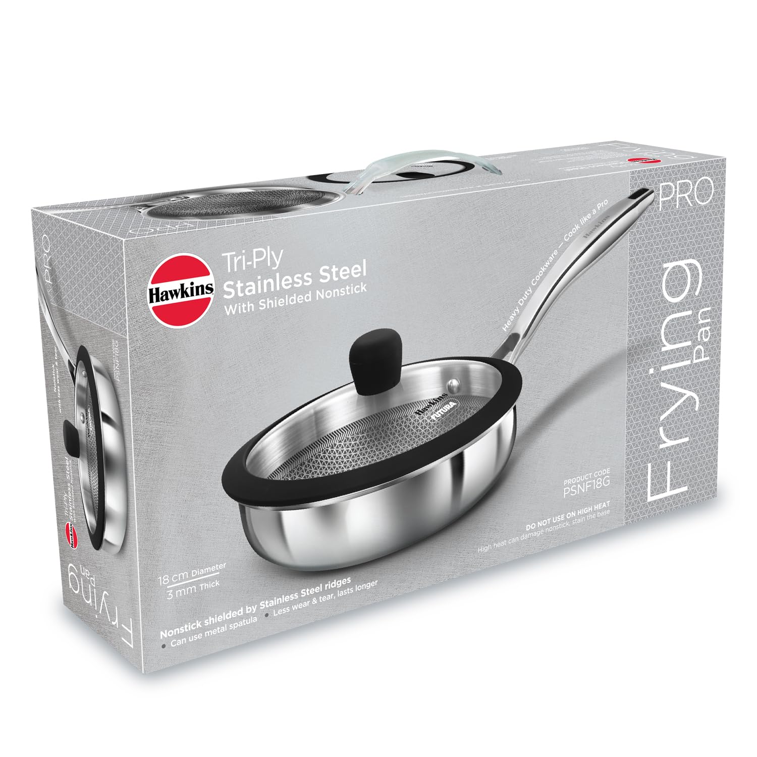 Hawkins Pro 18 cm Shielded Nonstick Triply Frying Pan, Fry Pan with Stainless Steel Handle and Glass Lid, Silver (PSNF18G)