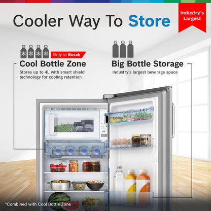 Bosch SmartChoice 207 L, 3 Star, Single Door Refrigerator with Industry's largest base drawer & veg box*(CST20S23PI,Fine Steel) |18 Hr Cooling Retention, 2.5x Faster Cooling, smart inverter compressor