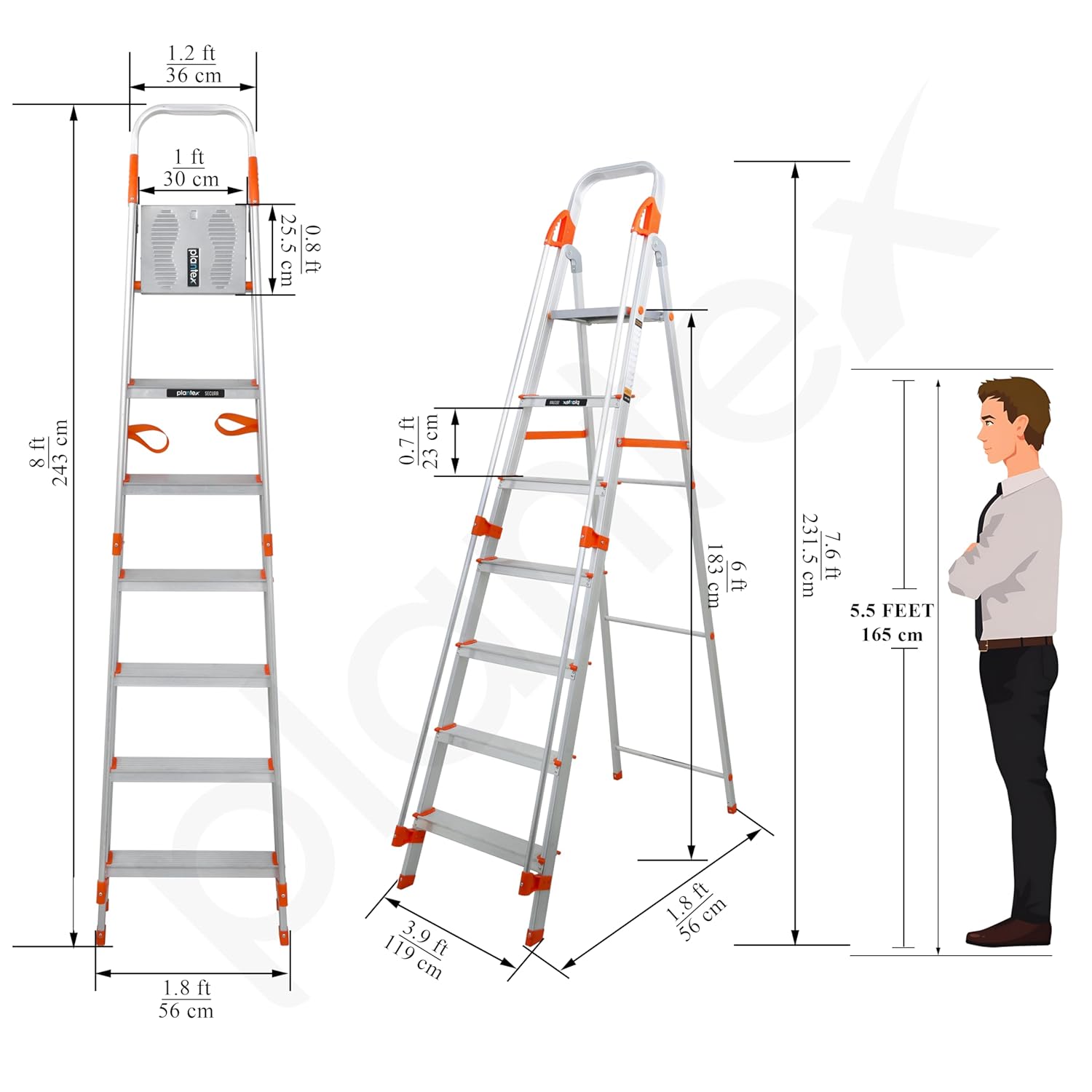 Plantex Secura 7 Step Aluminium Ladder for Home/Foldable Ladder with Safe Hand Rails/5 Year Manufacturer Warranty(Orange-Chrome)