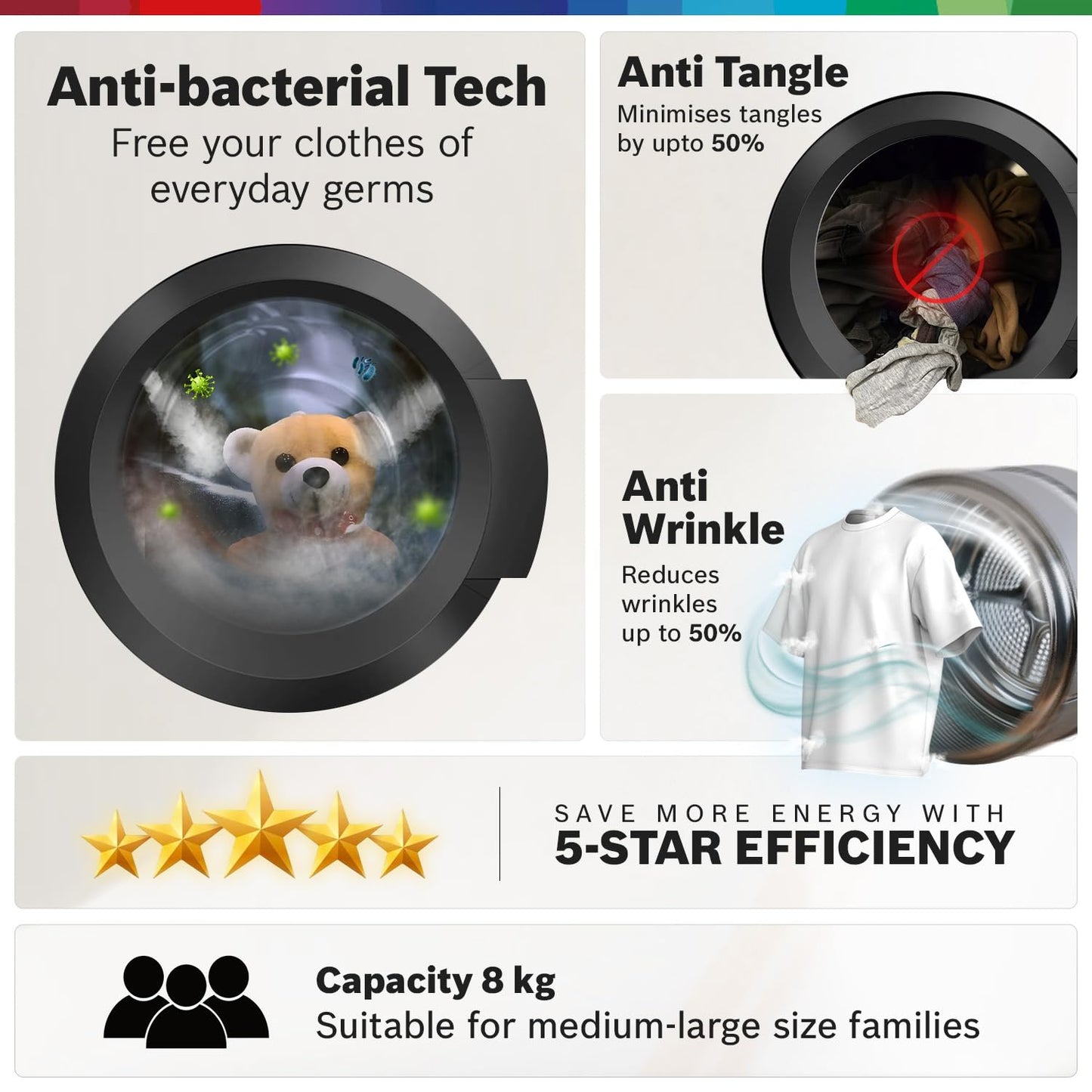 Bosch 8 kg, 5 Star, AI Active Water+, Anti-Tangle, Steam Anti Bacterial, Anti-Wrinkle Fully-Automatic Front Loading Washing Machine (WAJ2826BIN, In-Built Heater, Shiny Silver)