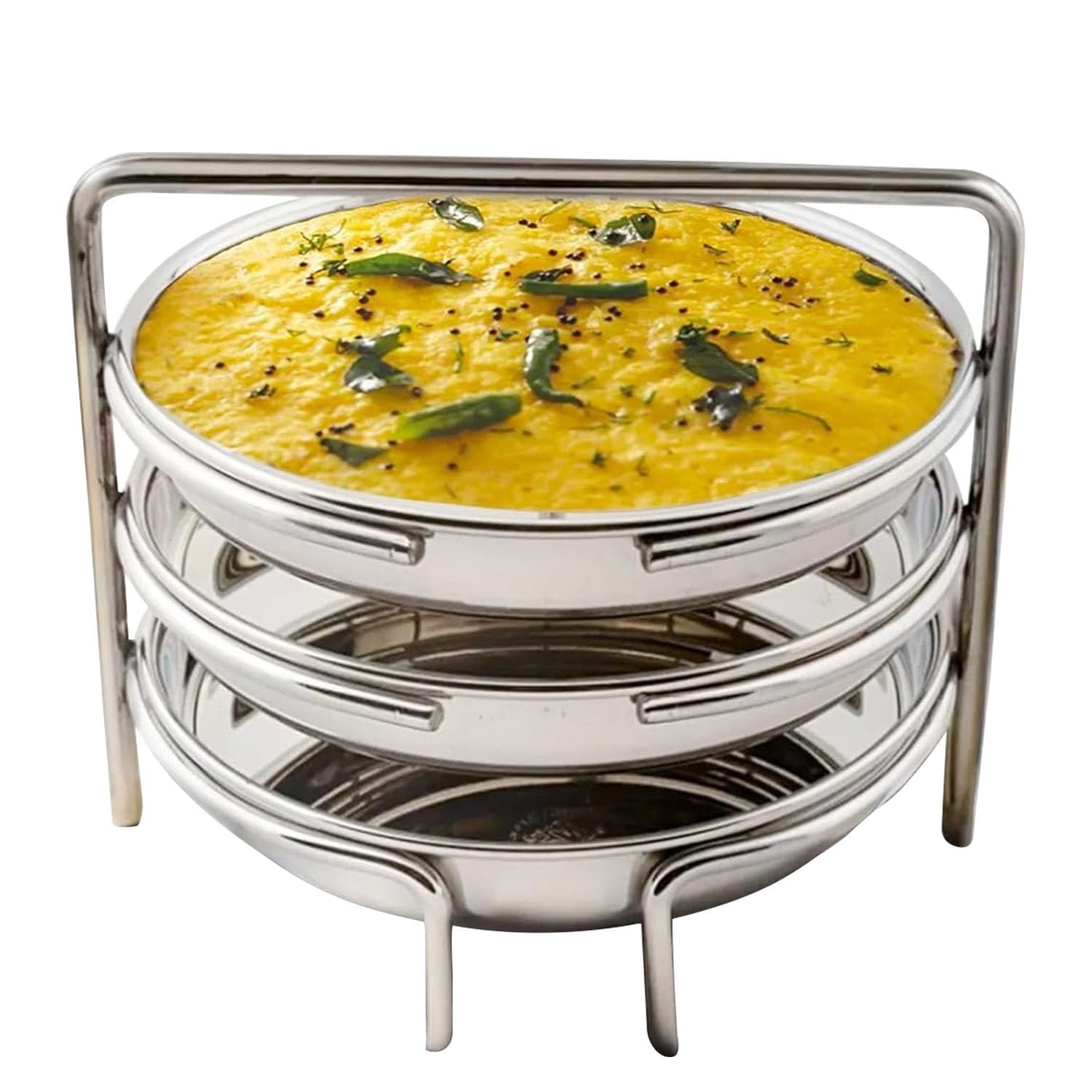PANCA Stainless Steel Dhokla Maker, Thatte Idli Maker, 3 Big Plates, 16 cm Plates Set With Stand, Fits in all Cookers, Dhokla Stand | Dhokla Plate Only | Thattu Idli Plate | Idli and Dhokla Maker | Khaman Dhokla Plate