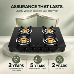 Faber Jumbo Glass Top 4 Burner Gas Stove, Manual Ignition (Jumbo 4BB BK), Black
