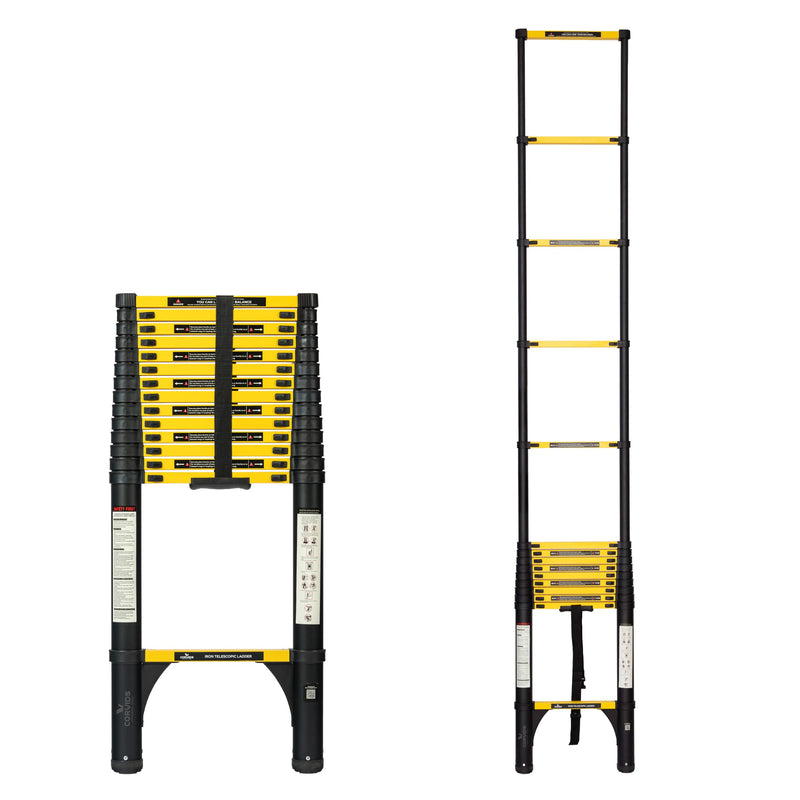 Corvids 4.4m (14.5 ft) Folding Carbon Steel Telescopic Ladder, 2-Year Warranty, 15-Step Heavy Duty Extension Ladder, Q195 Rustproof Alloy Steel, Portable & Collapsible Ladder for Home & Outdoor use