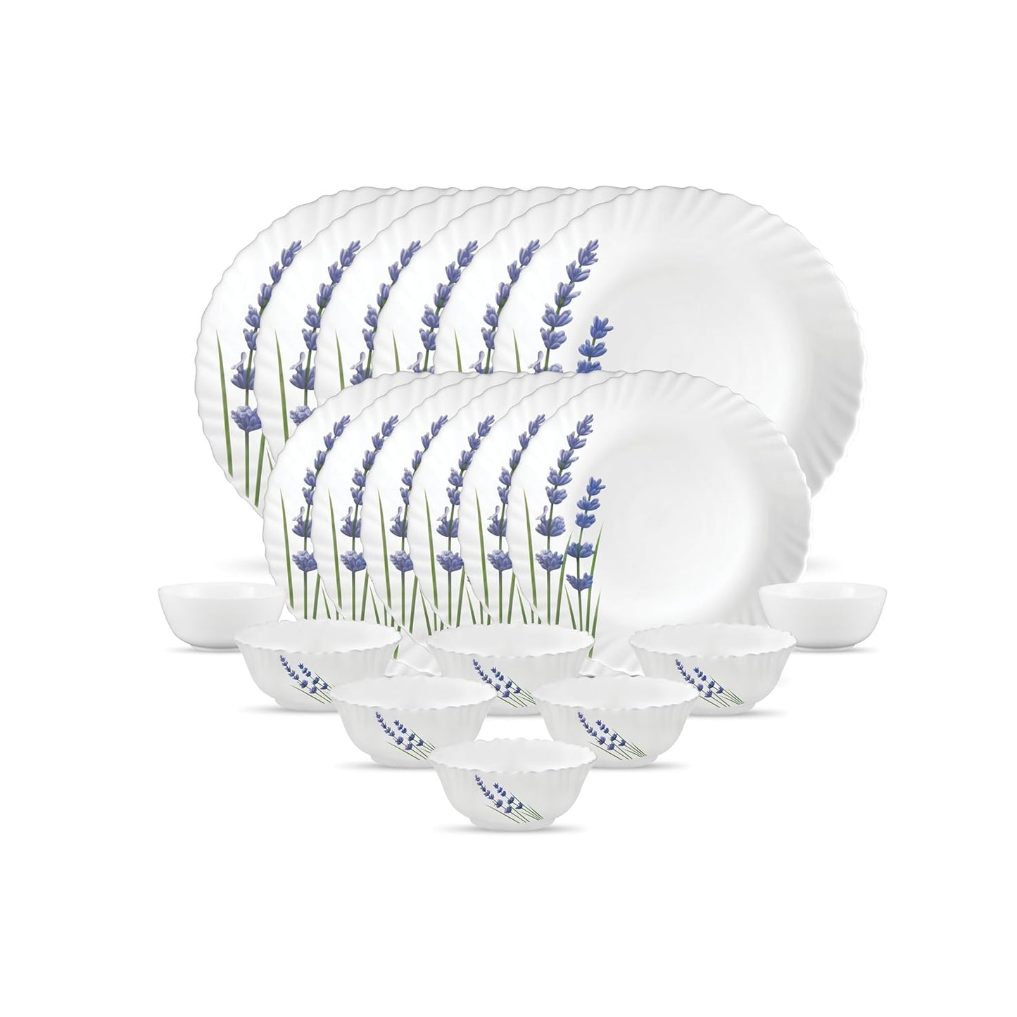 La Opala Novo Collection Opal Glass Crockery | for Family of 6 | Dinner Set 20 pcs English Lavender | Plates & Bowls for Dining | Microwave Safe | 100% Vegetarian | Extra Strong | Light & White