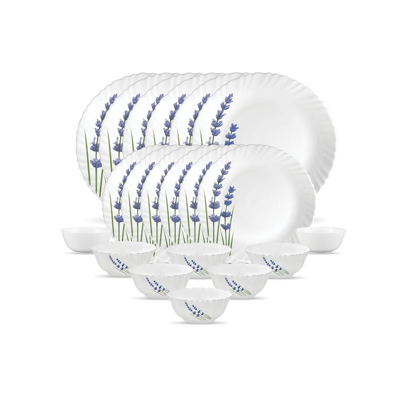 La Opala Novo Collection Opal Glass Crockery | for Family of 6 | Dinner Set 20 pcs English Lavender | Plates & Bowls for Dining | Microwave Safe | 100% Vegetarian | Extra Strong | Light & White