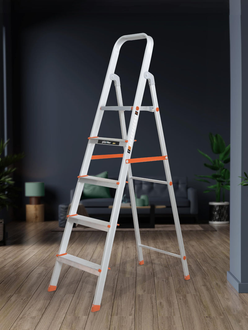 Plantex Legend 4 Step Ladder for Home/Anti-Slip Steps/Easy to Fold Aluminium Ladder/Capacity Upto 150 kg (Orange-Chrome)