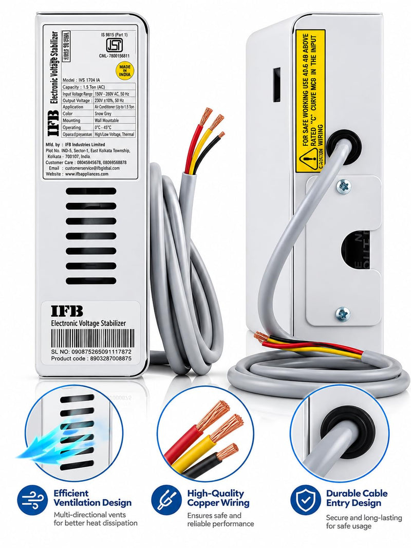 IFB IVS 1704 IA Slim Electronic Voltage Stabilizer for 1.5 Ton AC, 130V-300V, 12 Amps, White, Metal, Wall Mount Digital 