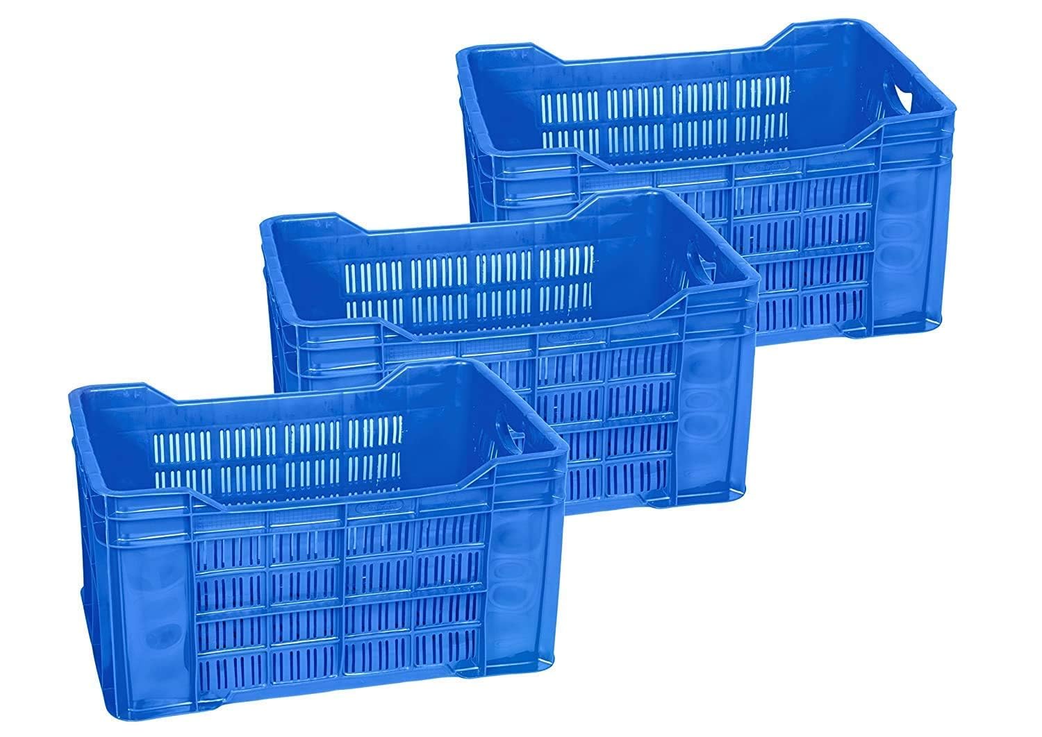 PETALS Plastic Rectangular Crate Set Of 3 | Portable Heavy Duty Vegetable/Fruits & Multipurpose Container Storage | Open Self Basket for Large storage Bin | 3 Pcs, Combo, 20 Kg Capacity Each, Blue