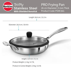 Hawkins Pro 26 cm Shielded Nonstick Triply Frying Pan, Fry Pan with Stainless Steel Handle and Glass Lid, Silver (PSNF26G)