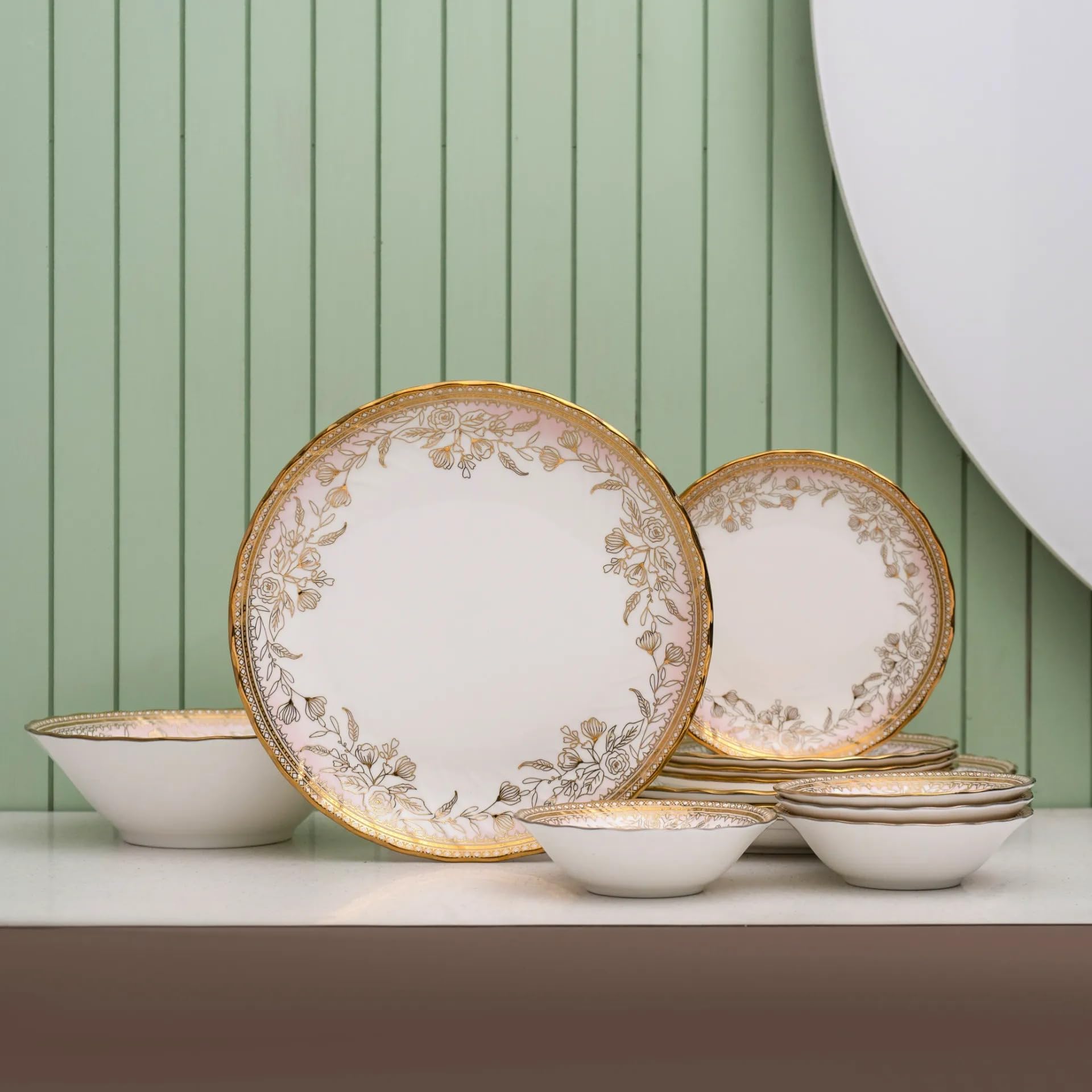 Clay Craft Fine Ceramic Georgian Ebony Floral Dinner Set (Set of 13) (E646), Enchanting Gold, for Family of 4, Dinner Set Ceramic, Dining Set for Dinner, Crockery Set for Gift, Kitchen Set for Home