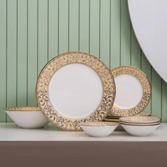 Clay Craft Fine Ceramic Ebony Dinner Set, Enchanting Gold, for Family of 4, Dinner Set Ceramic, Crockery Set, Dining Set for Dinner, Crockery Set for Gift, Kitchen Set (16 Pieces, E625)
