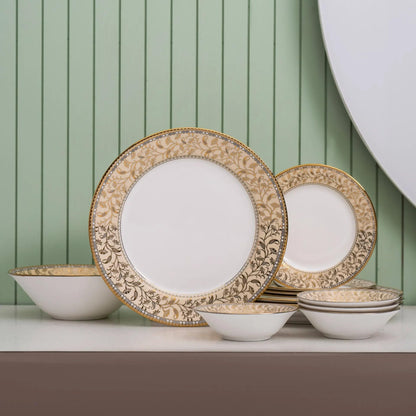 Clay Craft Fine Ceramic Ebony Dinner Set, Enchanting Gold, for Family of 4, Dinner Set Ceramic, Crockery Set, Dining Set for Dinner, Crockery Set for Gift, Kitchen Set (16 Pieces, E649)