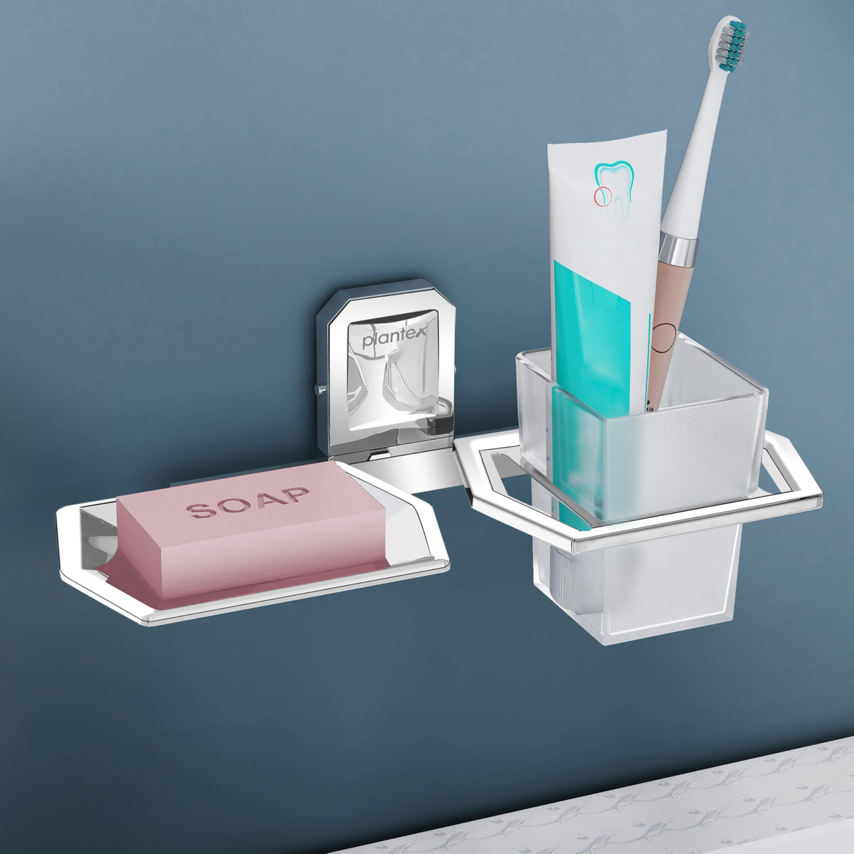 Plantex Platinum SS - 304 Grade Cute 2in1 Soap Dish with Tumbler Holder/Soap Stand/Tooth Brush Holder/Bathroom Accessories(Chrome) - Pack of 1