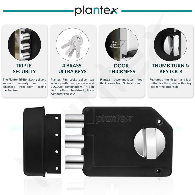 Plantex Brass Tri-Bolt Lock For Main Door/Heavy Duty Door Lock With 4 Keys/Suitable On Single Door For Home/Office/Hotel - Pack Of 1 (Z-Black) (Model APS-TB005)-3