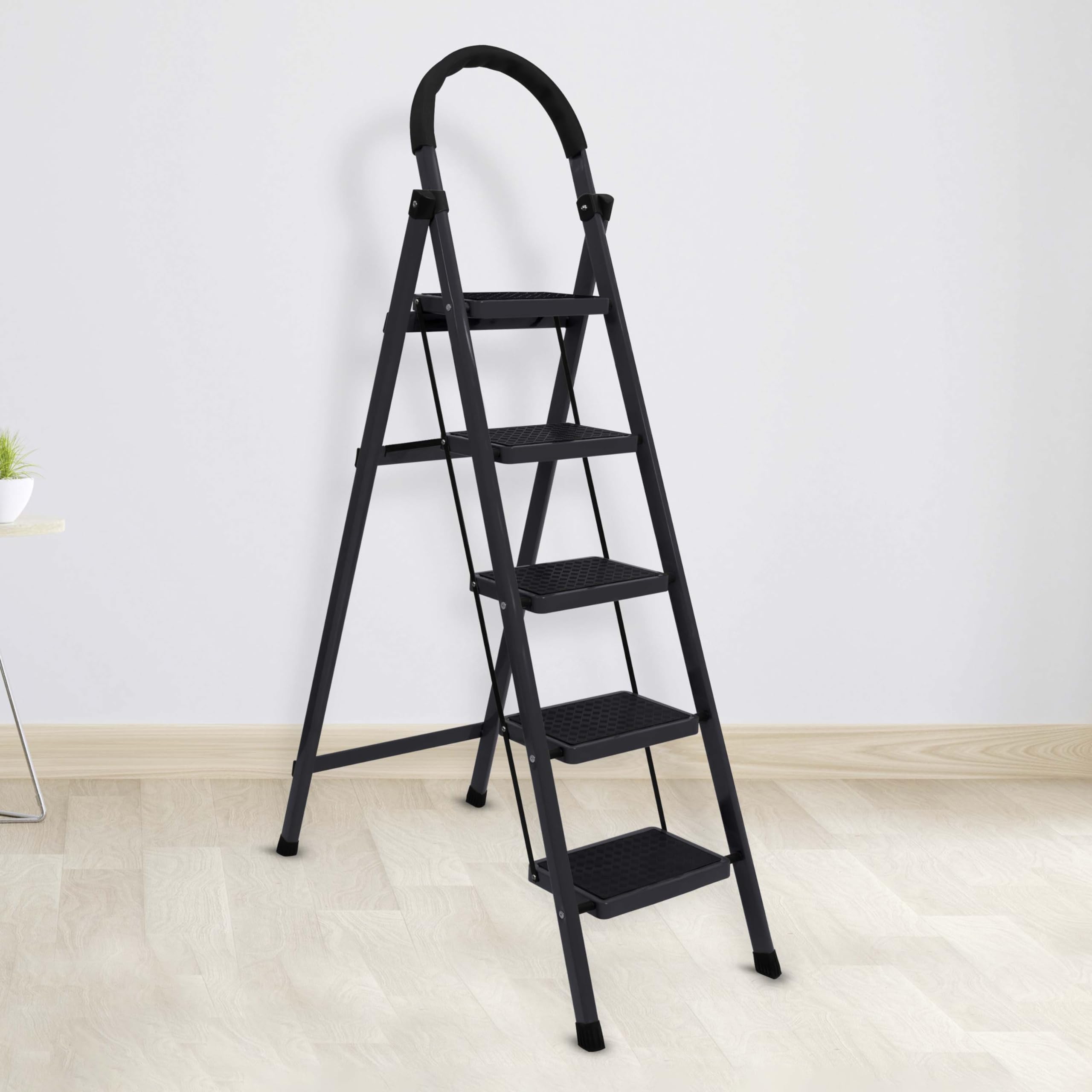 Plantex Cheston Premium GI Steel Foldable 4 Step Ladder for Home/Wide Anti Slip Steps (Black)