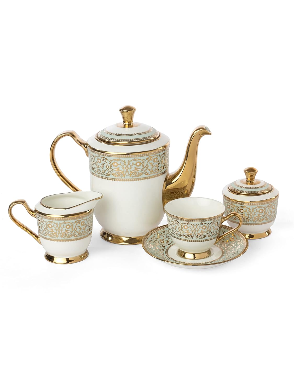 Clay Craft Fine Ceramic Golden Print Tea Set of 15 (1 Tea Pot with Lid +6 Cups+6 Saucers +1 Milk Pot + 1 Sugar Pot)