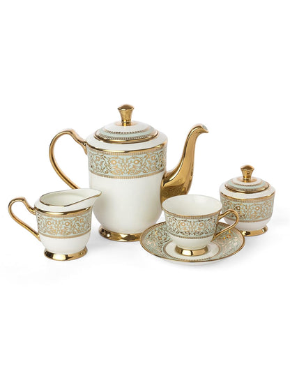 Clay Craft Fine Ceramic Golden Print Tea Set of 15 (1 Tea Pot with Lid +6 Cups+6 Saucers +1 Milk Pot + 1 Sugar Pot)